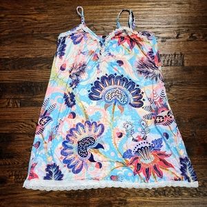 Blue & Pink Floral Lace-Trim V-Neck Nightgown